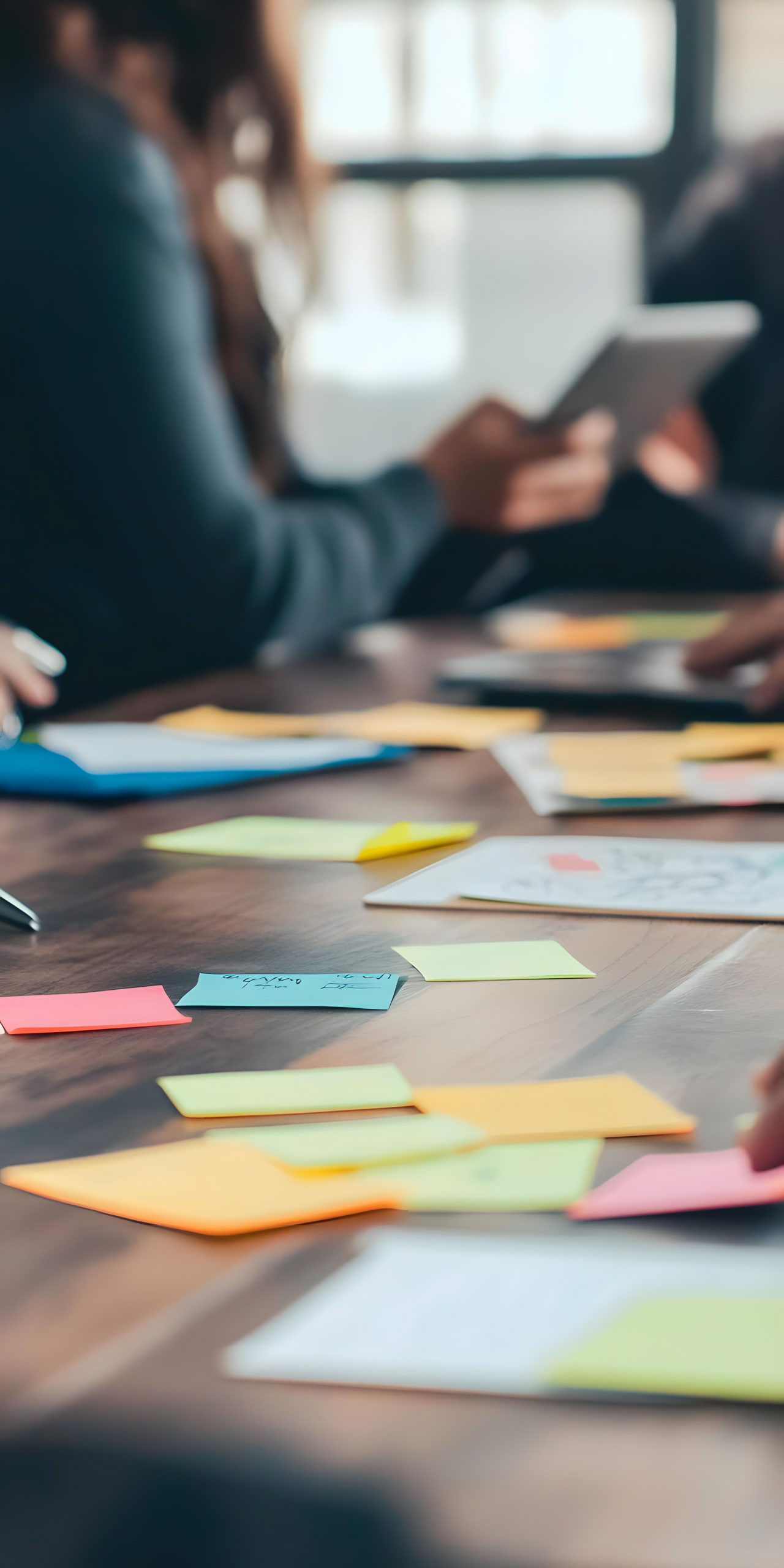 Equipo organizando ideas con documentos y notas adhesivas